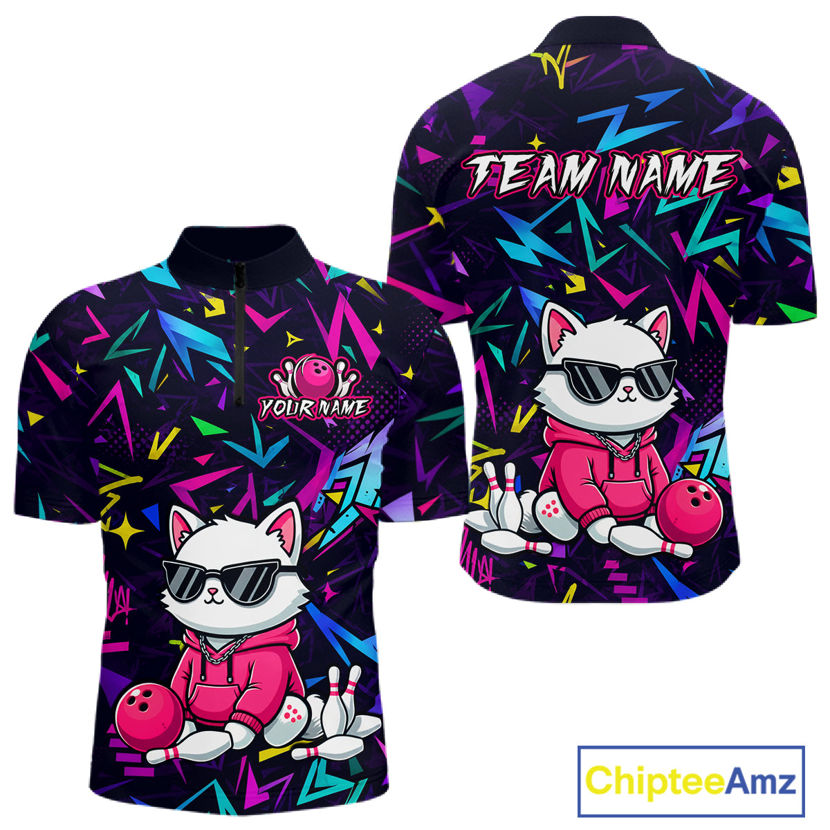 Front and back views of a black bowling quarter zip with neon geometric patterns, custom team text, and a white cat mascot in sunglasses holding a pink bowling ball.