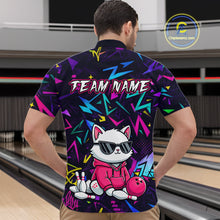 Load image into Gallery viewer, Man wearing a black bowling quarter zip with neon geometric patterns, custom team text, and a white cat mascot in sunglasses holding a pink bowling ball.