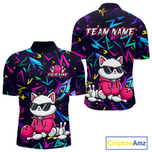 Load image into Gallery viewer, Front and back views of a black bowling quarter zip with neon geometric patterns, custom team text, and a white cat mascot in sunglasses holding a pink bowling ball.