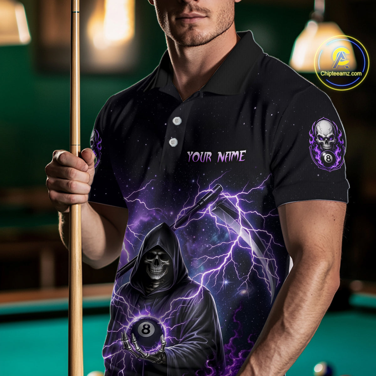Person wearing a black billiards polo with purple lightning, a hooded grim reaper holding an 8-ball, and custom team and player name text.