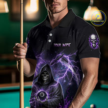 Load image into Gallery viewer, Person wearing a black billiards polo with purple lightning, a hooded grim reaper holding an 8-ball, and custom team and player name text.