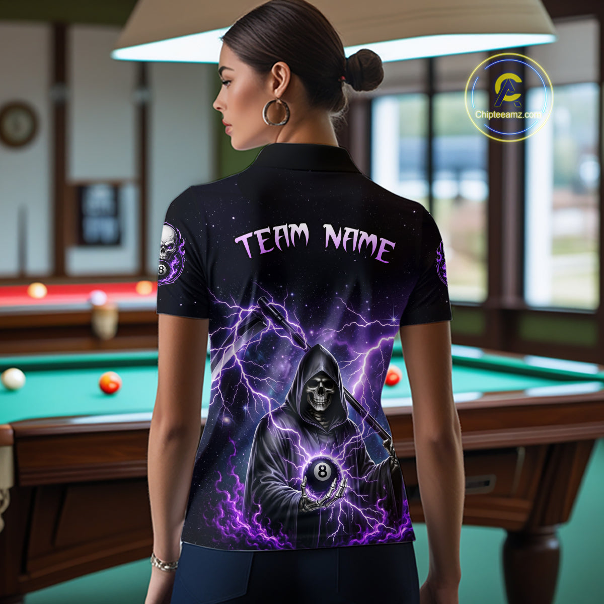Person wearing a black billiards polo with purple lightning, a hooded grim reaper holding an 8-ball, and custom team and player name text.