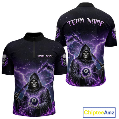 Front and back views of a black billiards  quarter zip with purple lightning, a hooded grim reaper holding an 8-ball, and custom team and player name text.