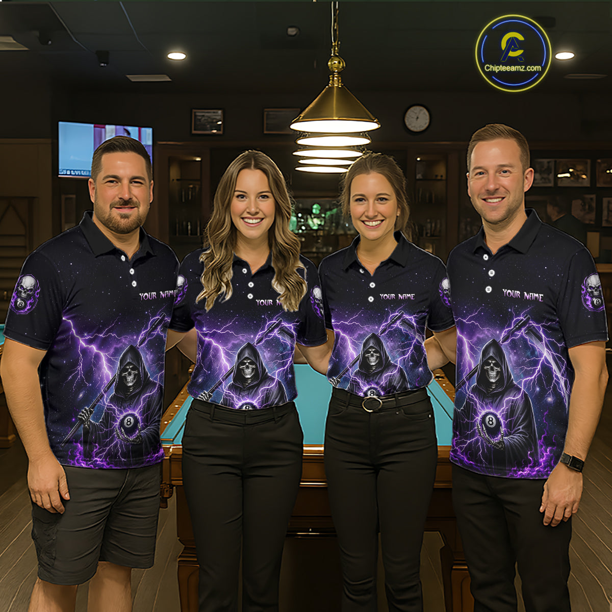 Four people wearing black billiards polo with purple lightning, a hooded grim reaper holding an 8-ball, and custom team and player name text.