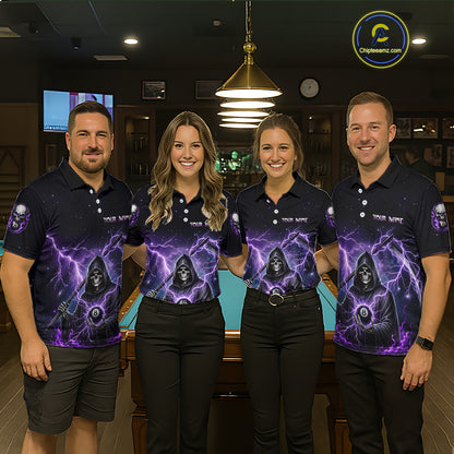 Four people wearing black billiards polo with purple lightning, a hooded grim reaper holding an 8-ball, and custom team and player name text.