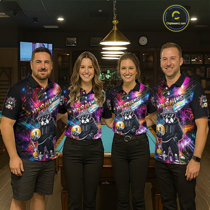 Four people wearing personalized billiards polo shirt with a american bully dog holding a nine ball, integrated with colorful streaks and pool ball elements.