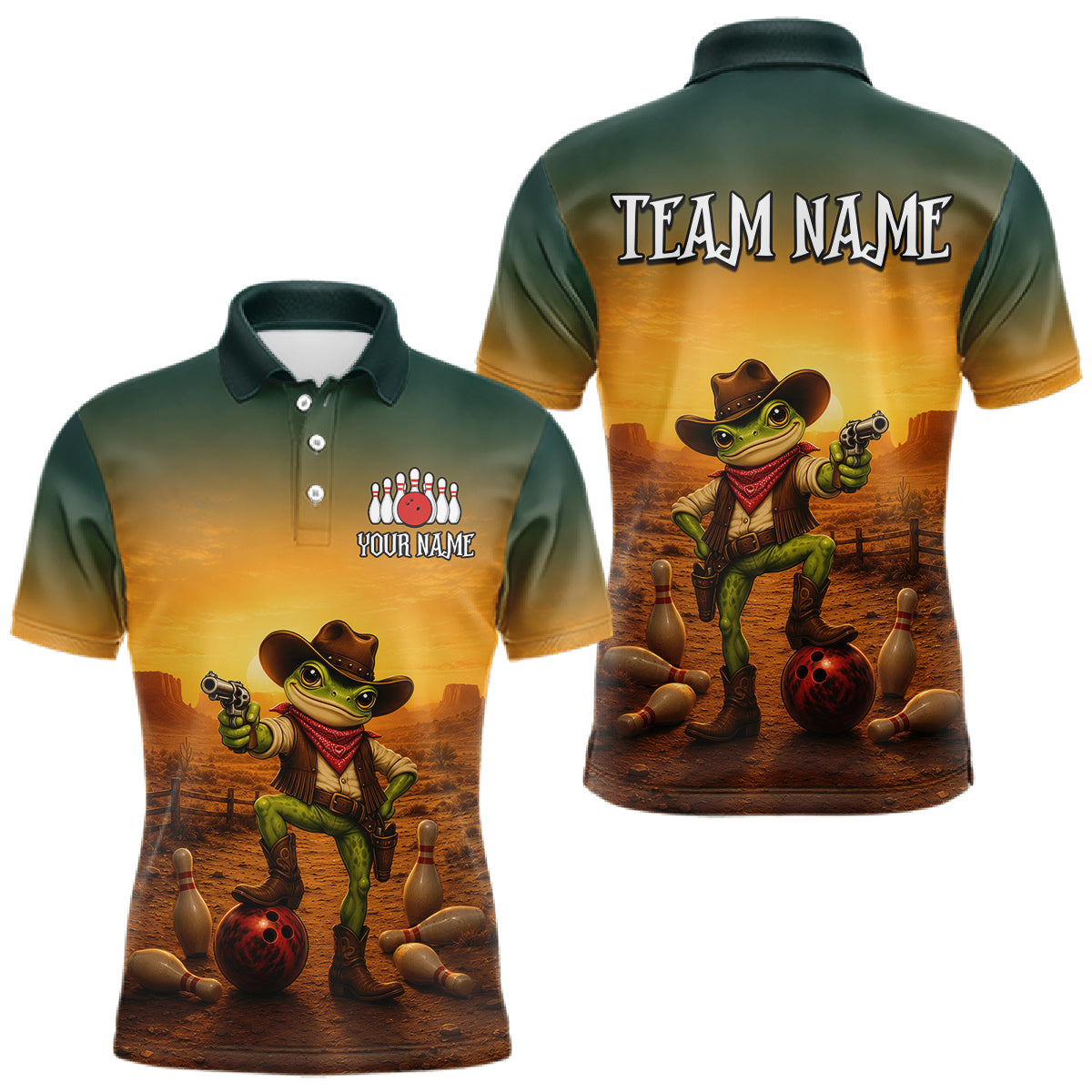 Custom Funny Cowboy with Frog Bowling Team Shirts for Men Bowling Outfit Polo & 1/4 Zip HNT570