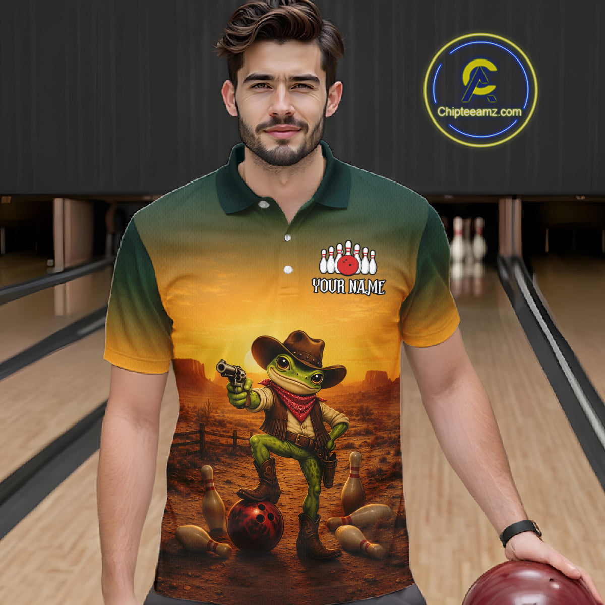 Custom Funny Cowboy with Frog Bowling Team Shirts for Men Bowling Outfit Polo & 1/4 Zip HNT570