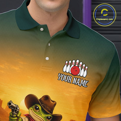 Custom Funny Cowboy with Frog Bowling Team Shirts for Men Bowling Outfit Polo & 1/4 Zip HNT570