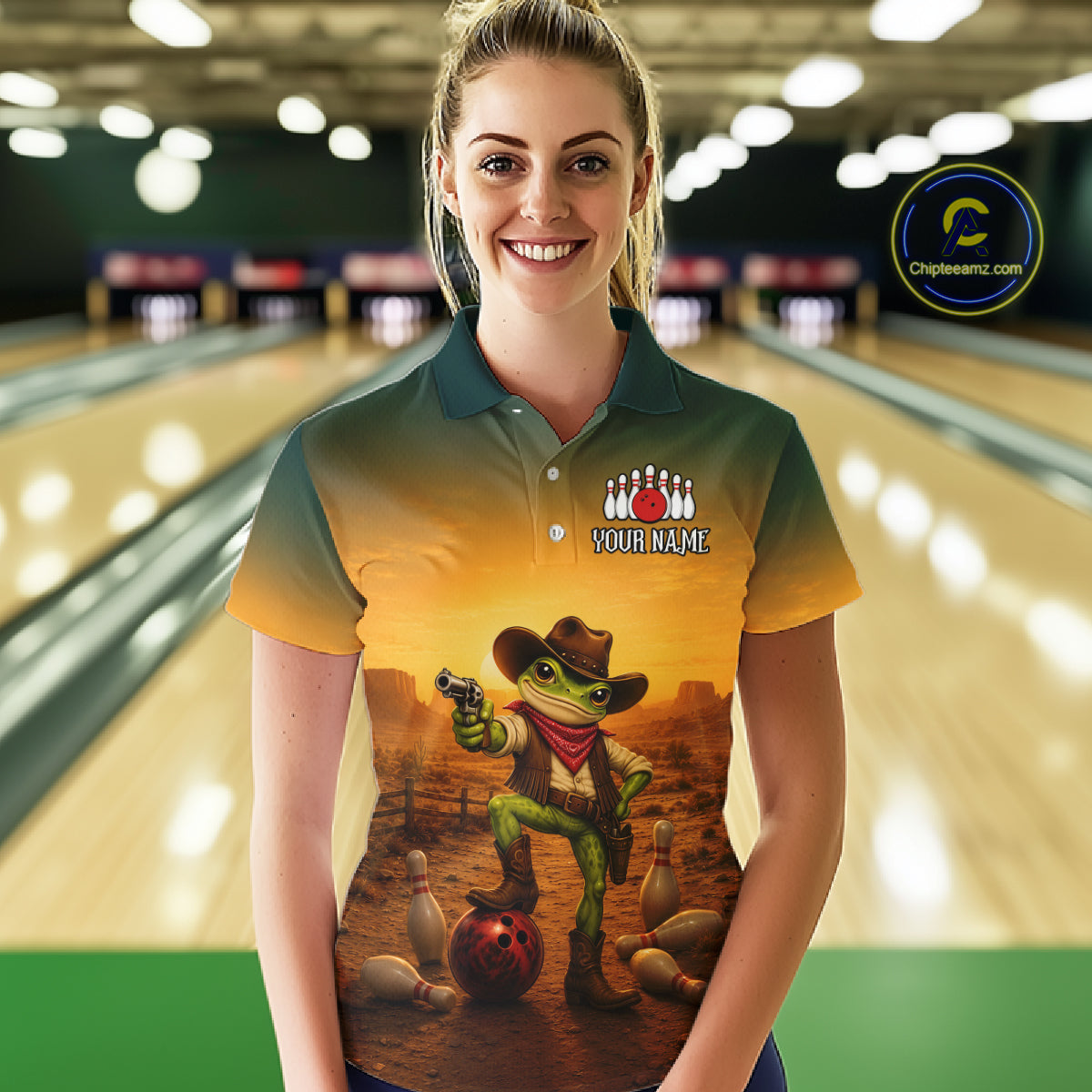 Custom Funny Cowboy with Frog Bowling Team Shirts for Women Bowling Outfit Polo & 1/4 Zip HNT570