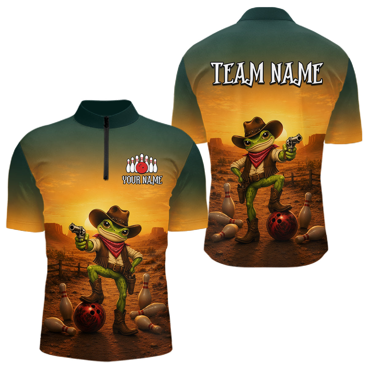 Custom Funny Cowboy with Frog Bowling Team Shirts for Men Bowling Outfit Polo & 1/4 Zip HNT570