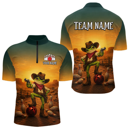 Custom Funny Cowboy with Frog Bowling Team Shirts for Men Bowling Outfit Polo & 1/4 Zip HNT570