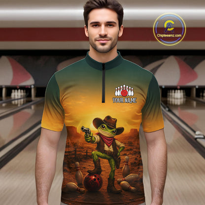 Custom Funny Cowboy with Frog Bowling Team Shirts for Men Bowling Outfit Polo & 1/4 Zip HNT570