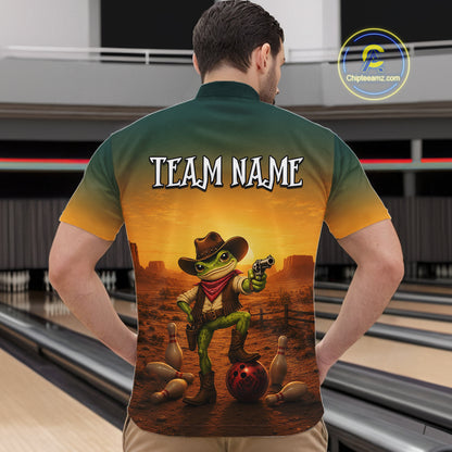 Custom Funny Cowboy with Frog Bowling Team Shirts for Men Bowling Outfit Polo & 1/4 Zip HNT570