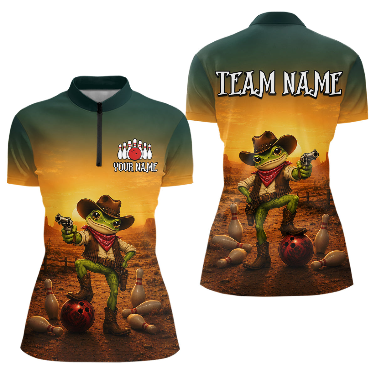 Custom Funny Cowboy with Frog Bowling Team Shirts for Women Bowling Outfit Polo & 1/4 Zip HNT570