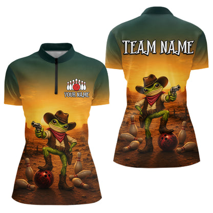 Custom Funny Cowboy with Frog Bowling Team Shirts for Women Bowling Outfit Polo & 1/4 Zip HNT570