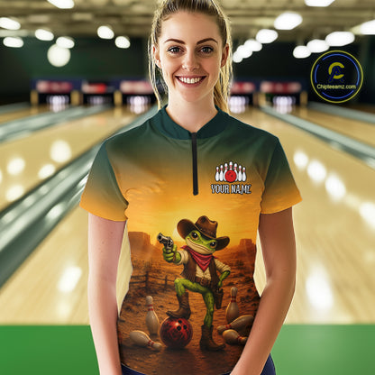Custom Funny Cowboy with Frog Bowling Team Shirts for Women Bowling Outfit Polo & 1/4 Zip HNT570