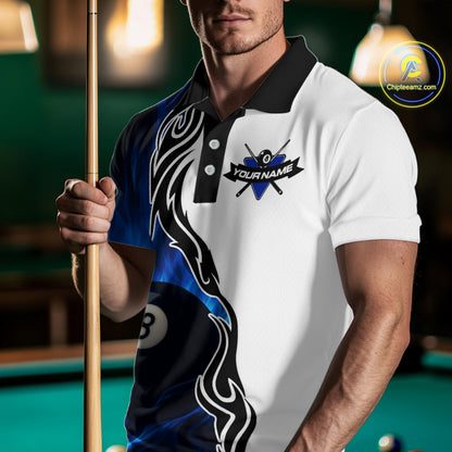 Custom Blue Flame 8 Ball Billiard Shirts for Men Billiard Team Shirts Billiard League Polo & 1/4 Zipper NNT88