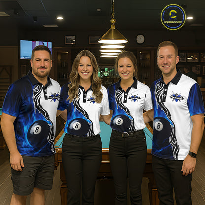 Custom Blue Flame 8 Ball Billiard Shirts for Men Billiard Team Shirts Billiard League Polo & 1/4 Zipper NNT88