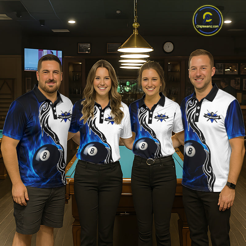 Custom Blue Flame 8 Ball Billiard Shirts for Women Billiard Team Shirts Billiard League Polo & 1/4 Zipper NNT88