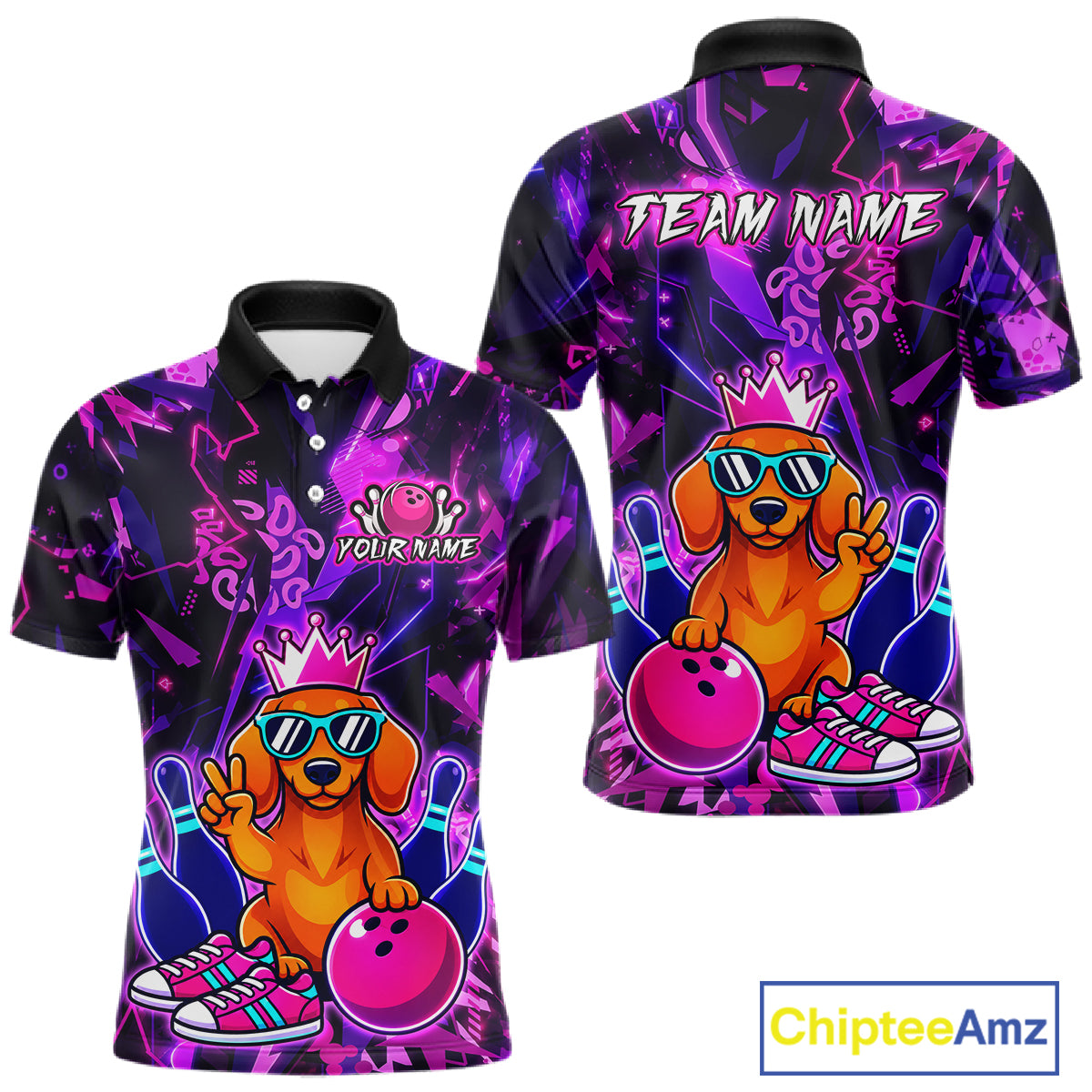 Front and back views of a black and purple bowling polo shirt featuring a cartoon dachshund wearing sunglasses and a crown, holding a pink bowling ball, with custom team and player name text.