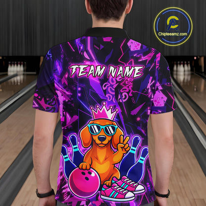 Men wearing a black and purple bowling polo shirt featuring a cartoon dachshund wearing sunglasses and a crown, holding a pink bowling ball, with custom team and player name text.
