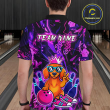 Load image into Gallery viewer, Men wearing a black and purple bowling polo shirt featuring a cartoon dachshund wearing sunglasses and a crown, holding a pink bowling ball, with custom team and player name text.