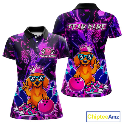 Front and back views of a black and purple bowling polo shirt featuring a cartoon dachshund wearing sunglasses and a crown, holding a pink bowling ball, with custom team and player name text.