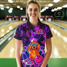 Load image into Gallery viewer, Woman wearing a black and purple bowling polo shirt featuring a cartoon dachshund wearing sunglasses and a crown, holding a pink bowling ball, with custom player name text.