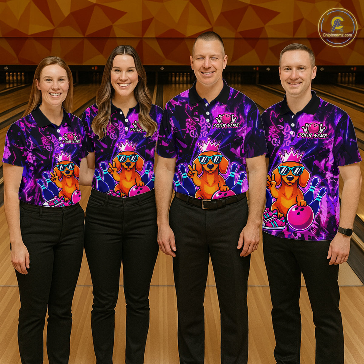 Four people wearing black and purple bowling polo shirt featuring a cartoon dachshund wearing sunglasses and a crown, holding a pink bowling ball, with custom your name text.