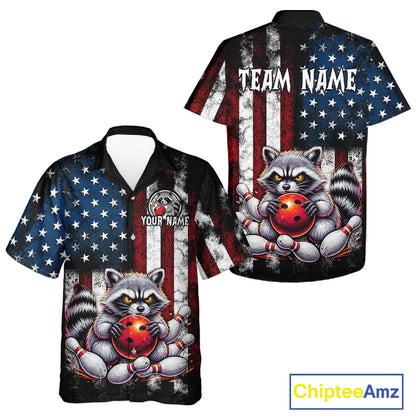 Custom US Flag Raccoon Hawaiian Bowling Jersey for Men Women Bowling Team Shirts HNT138