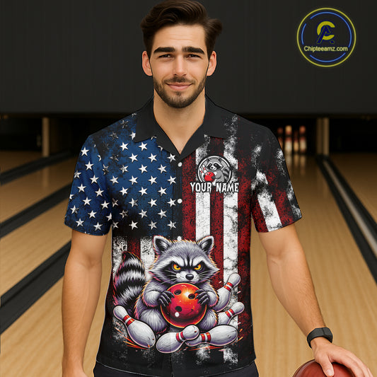 Custom US Flag Raccoon Hawaiian Bowling Jersey for Men Women Bowling Team Shirts HNT138
