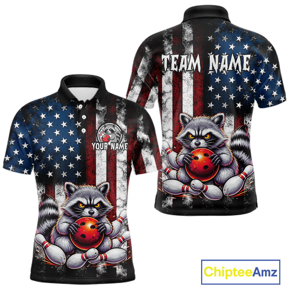 Custom short-sleeve polo shirt shown from front and back, featuring a raccoon holding a red bowling ball over a distressed American flag background with stars and stripes. The front has a raccoon graphic and placeholder text, the back has 'TEAM NAME' text, and the image includes a ChipteeAmz logo in the bottom right.