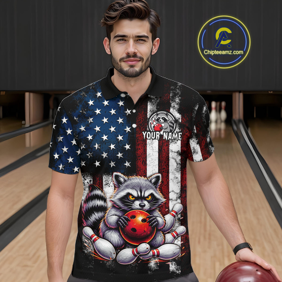 Men’s custom raccoon bowling polo shirt with distressed American flag and personalized name