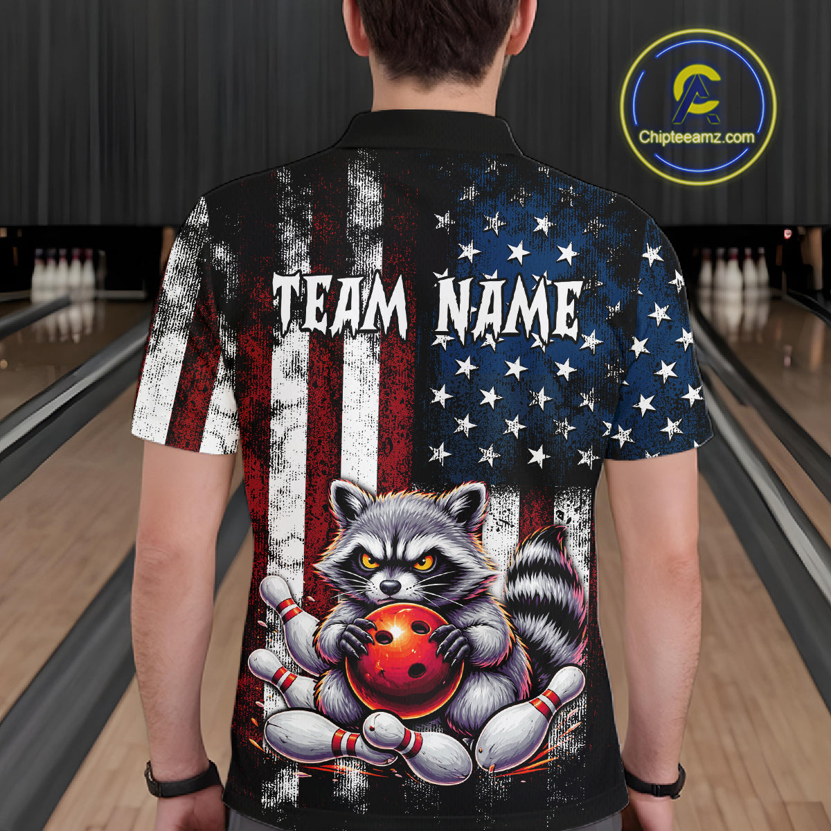 Men’s custom raccoon bowling polo shirt with distressed American flag and personalized team name