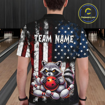 Men’s custom raccoon bowling polo shirt with distressed American flag and personalized team name