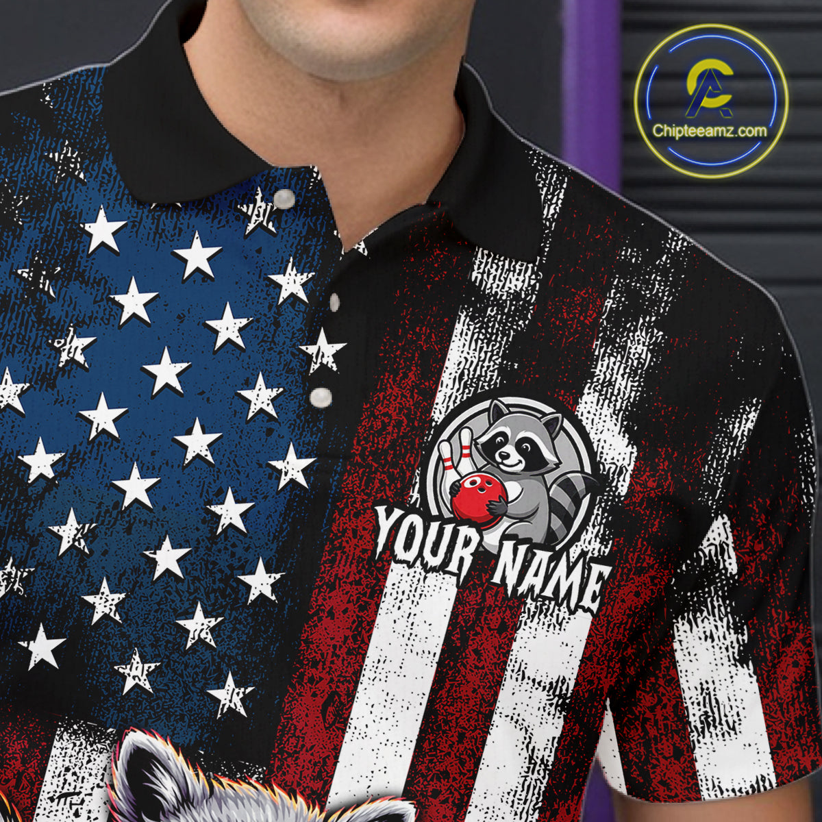 Close-up of personalized raccoon bowling shirt with custom name and distressed USA flag print