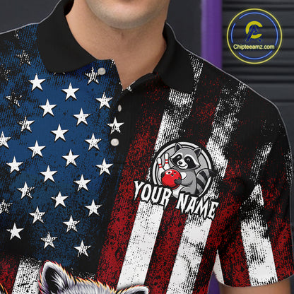 Close-up of personalized raccoon bowling shirt with custom name and distressed USA flag print