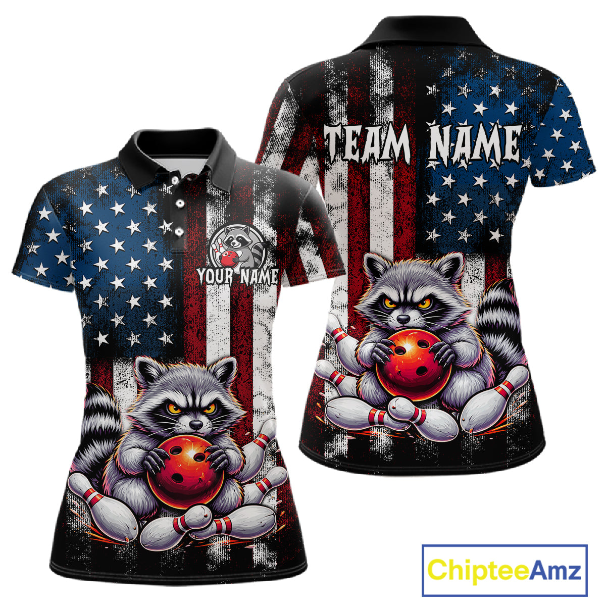 Custom raccoon bowling women polo shirt with American flag design, personalized name and team name