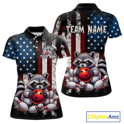 Custom raccoon bowling women polo shirt with American flag design, personalized name and team name