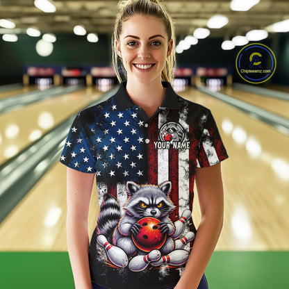 Women’s custom raccoon bowling polo shirt with distressed American flag and personalized name
