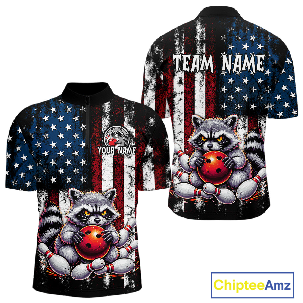 Custom raccoon bowling men quarter zip shirt with American flag design, personalized name and team name