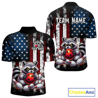Custom raccoon bowling men quarter zip shirt with American flag design, personalized name and team name
