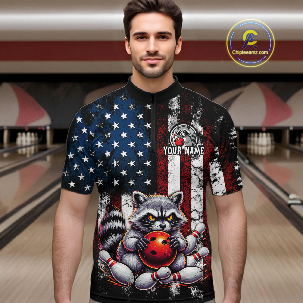 Custom raccoon bowling quarter zip jersey for men with American flag print and personalized bowling design