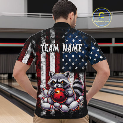 Custom raccoon bowling jersey for men with American flag print and personalized bowling design
