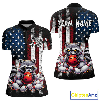 Custom raccoon bowling women quarter zip shirt with American flag design, personalized name and team name