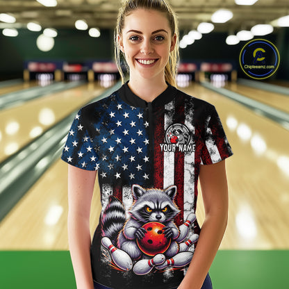 Women’s custom raccoon bowling polo shirt with distressed American flag and personalized name