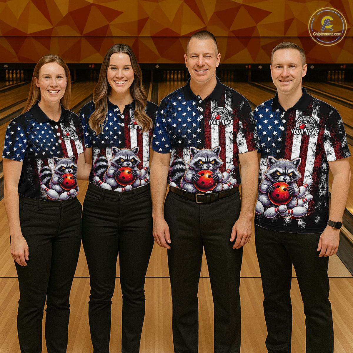 Four people standing in a bowling alley wearing matching custom bowling shirts with a raccoon and American flag design, paired with black pants.