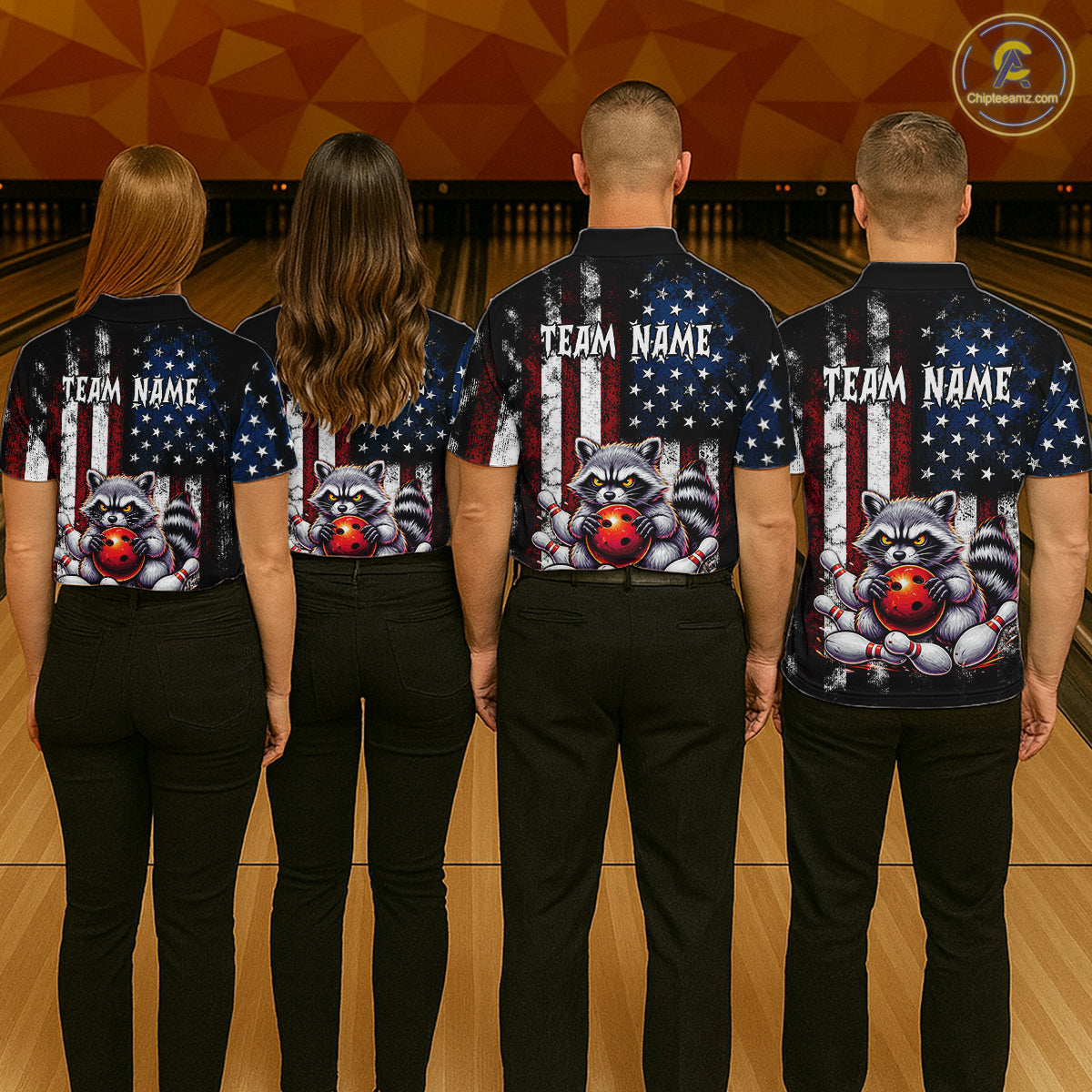 Four people standing in a bowling alley wearing matching custom bowling shirts with a raccoon and American flag design, paired with black pants.