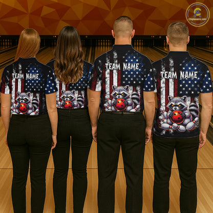 Four people standing in a bowling alley wearing matching custom bowling shirts with a raccoon and American flag design, paired with black pants.